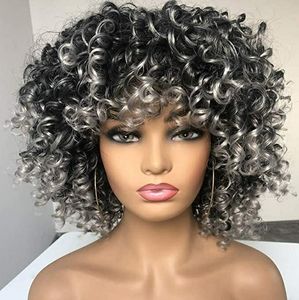 Women Ombre Grey Kinky Curly Hair Wig with Bangs